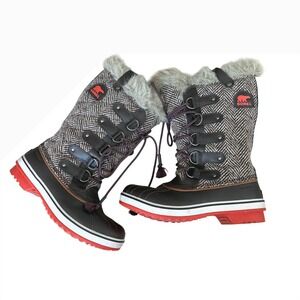 Sorel Tofino Herringbone Waterproof Winter Boots Brown Red Faux Fur Womens 7